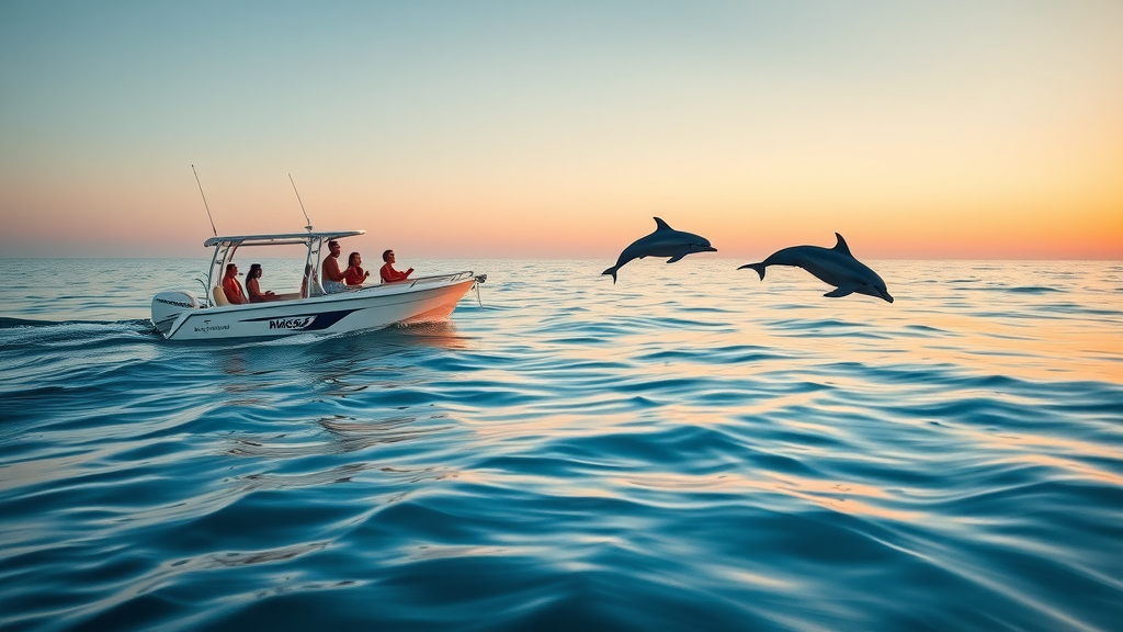 Fall sunset cruise planning Cabo with tranquil ocean and guests watching jumping dolphins at dusk