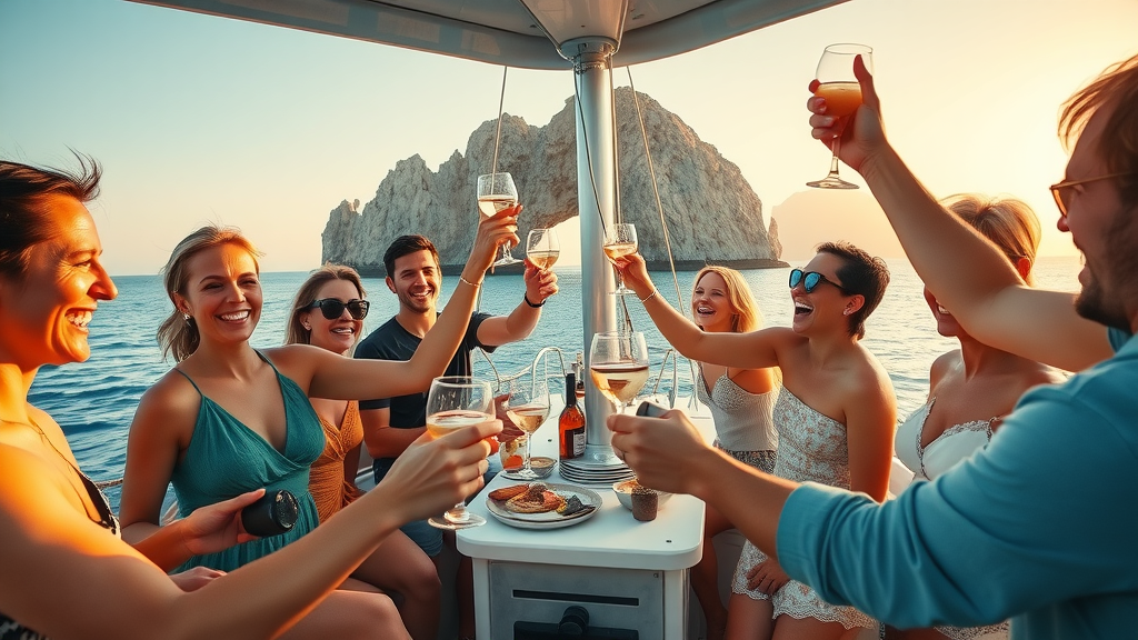 Fall sunset cruise planning Cabo with group celebration on catamaran and El Arco in background