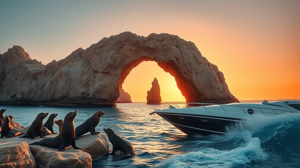 Fall sunset cruise planning Cabo with the classic Cabo Arch at golden hour and yacht in foreground