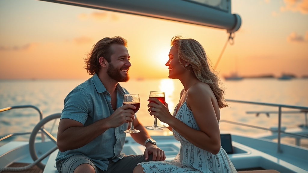 Fall sunset cruise planning Cabo with romantic couple enjoying drinks on luxury catamaran at sunset