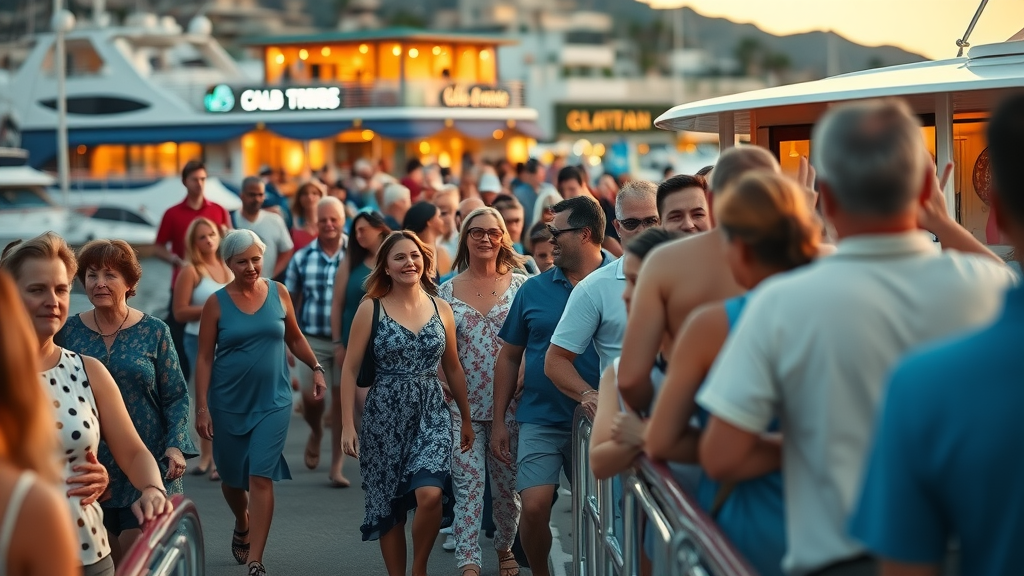 Fall sunset cruise planning Cabo passengers boarding at lively marina before sunset cruise