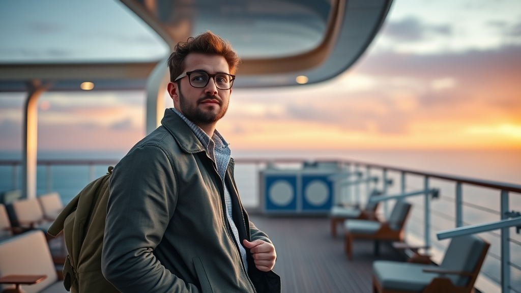 Fall sunset cruise planning Cabo traveler on deck holding jacket at twilight