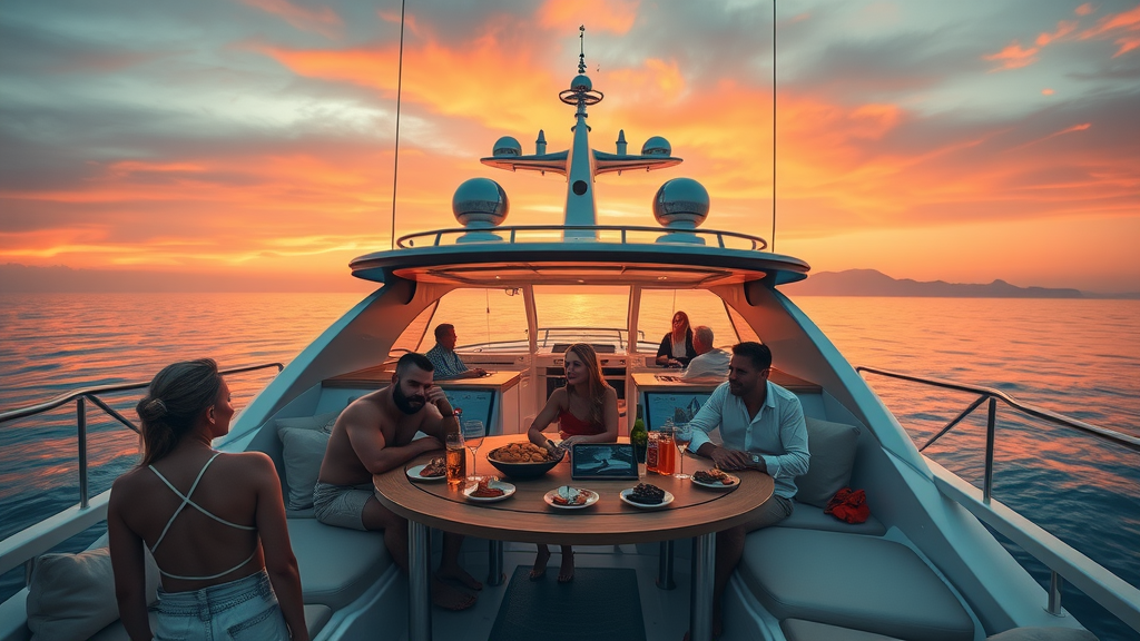 Fall sunset cruise planning Cabo luxury private yacht cruising at sunset with guests enjoying open bar
