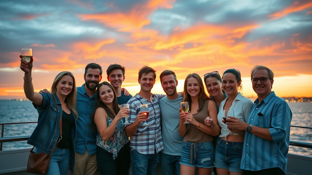 Fall sunset cruise planning Cabo group photo at sunset on boat deck with vibrant sky