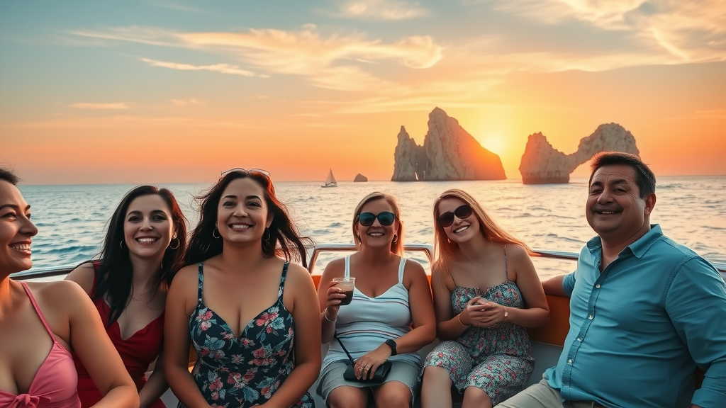 Sunset cruise preparation Cabo with passengers enjoying vibrant sunset views of El Arco and Pelican Rock on calm seas