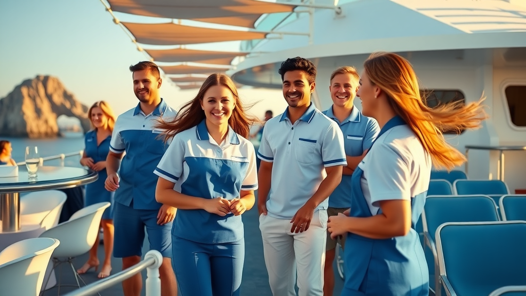 Sunset cruise preparation Cabo featuring a professional, friendly cruise crew assisting guests on deck with service and safety
