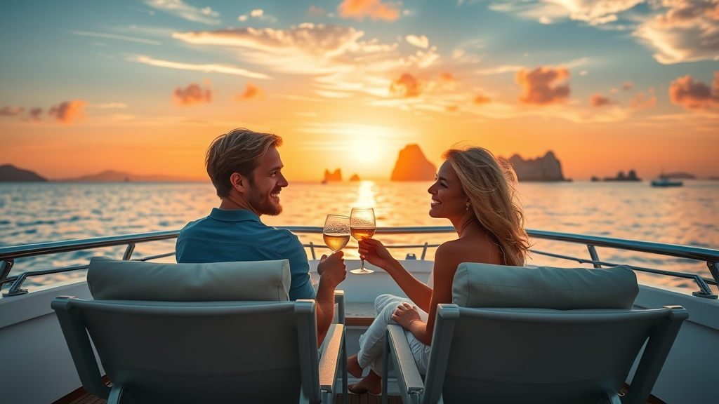 Private yacht sunset cruise in Cabo San Lucas with romantic couple enjoying wine glasses on deck lounges at glowing sunset