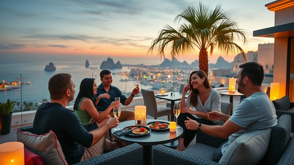 Inviting Cabo rooftop lounge at dusk with cocktail and palm trees