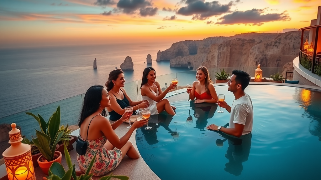 Elegant rooftop bar in Cabo San Lucas at sunset with guests enjoying cocktails