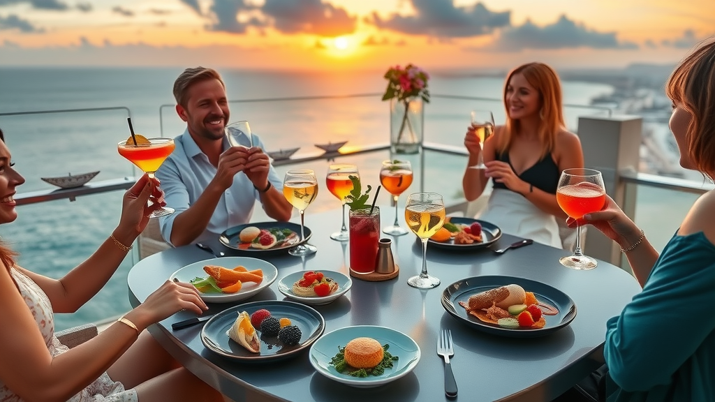 Gourmet small plates and cocktails at a Cabo rooftop lounge before sunset