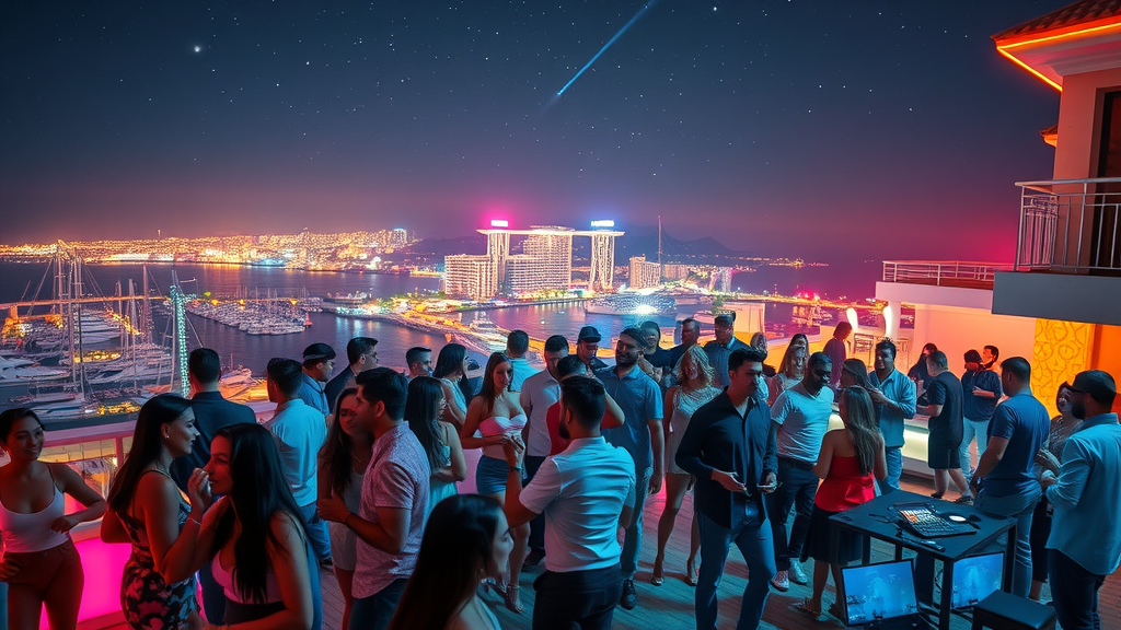 Lively rooftop party in Cabo San Lucas with city and marina views