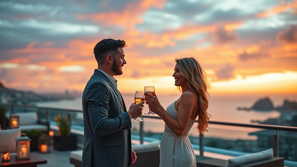 Chic couple enjoying sunset view at Cabo rooftop lounge dressed smart casual