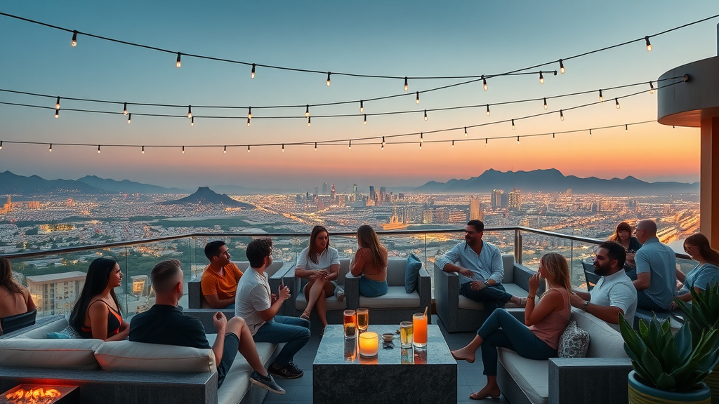 Modern rooftop bar with panoramic Los Cabos view and vibrant city lights