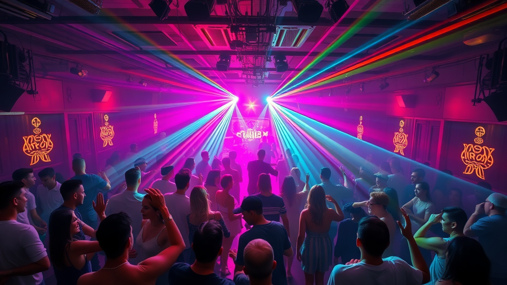 Crowded vibrant dance floor at Crush Nightspot with colorful laser lights in Cabo nightclubs