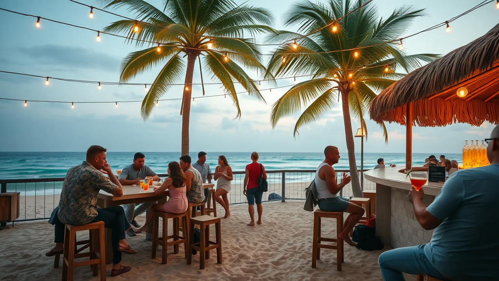 Guests enjoying tropical drinks at a relaxed beachfront bar with toes in the sand in Cabo nightclubs