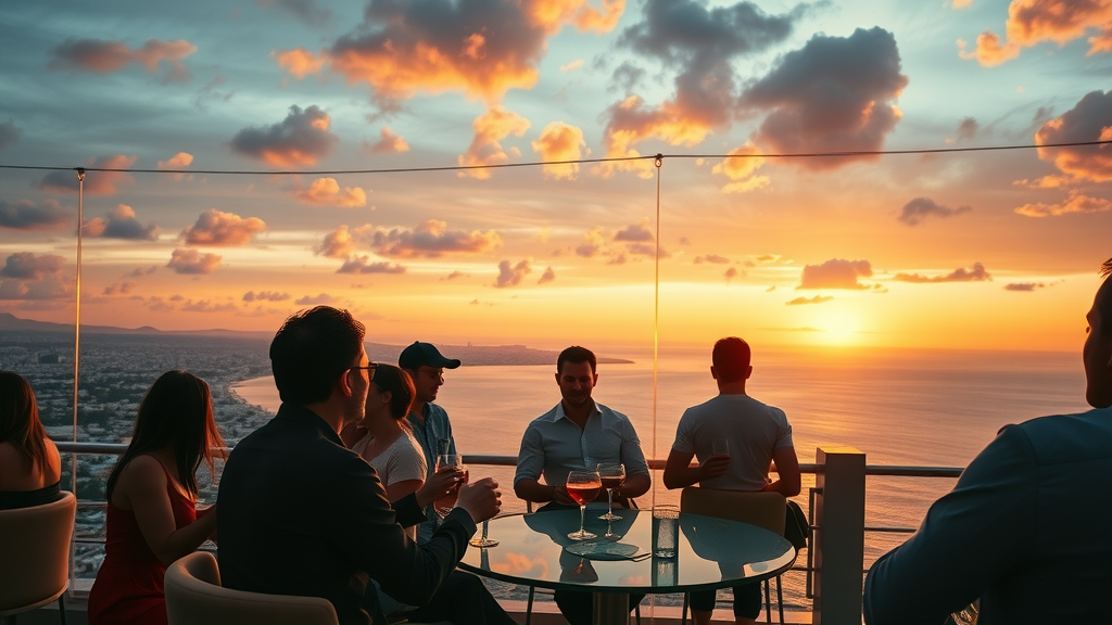 Stylish rooftop lounge with sunset ocean views, guests enjoying cocktails in Cabo nightclubs