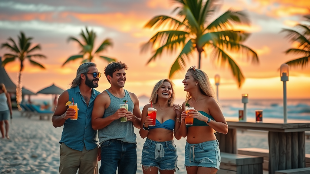 Lively Cabo beach bar at dusk with friends enjoying tropical drinks by the sea