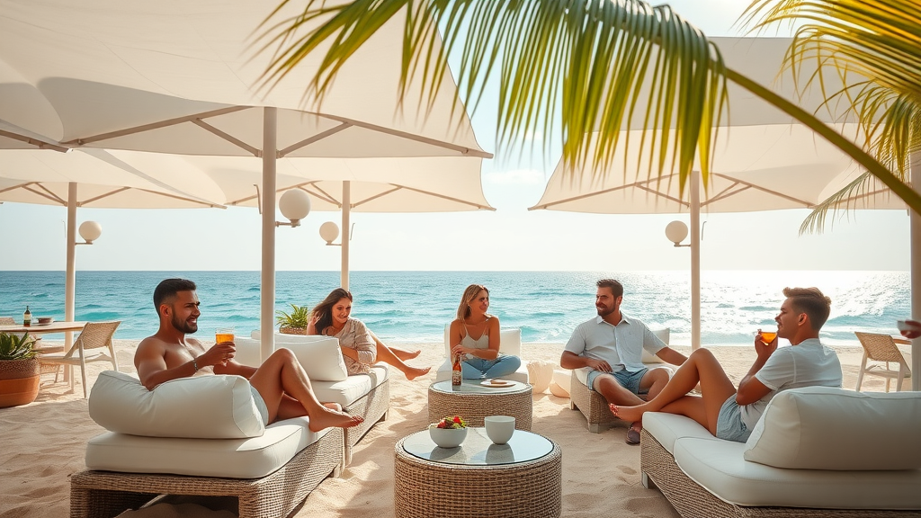 Chic Cabo beach club lounge with guests relaxing on cushioned loungers and enjoying drinks by the ocean