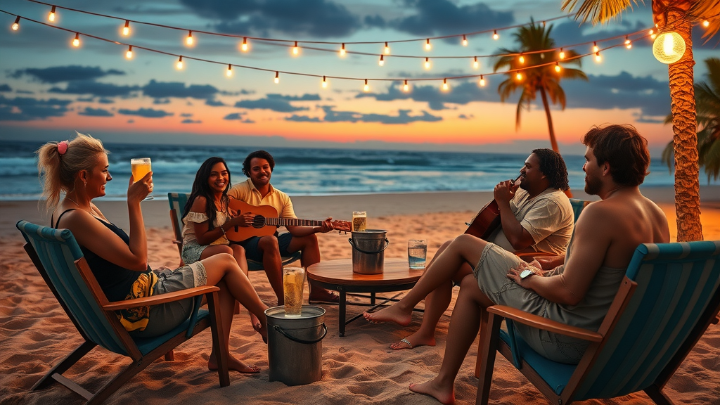 Relaxed group lounging in beach chairs sharing buckets of beer and pitchers of margaritas at a Cabo beach bar in the evening