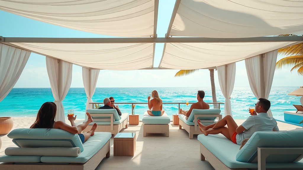 Exclusive beach club cabanas with guests sunbathing and vibrant cocktails served with ocean views in Cabo