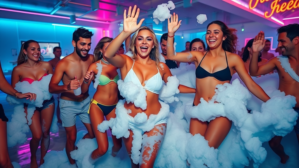 Energetic foam party at Cabo beach club with dancing young adults and neon lighting