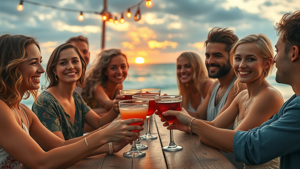 Stylish friends clinking cocktails together at a beachfront table at Cabo beach bars