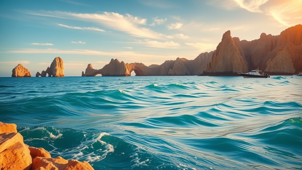 Vibrant Cabo coastline at sunrise showcasing crystal-blue waters for sailfish fishing with charter boats, panoramic view, photorealistic