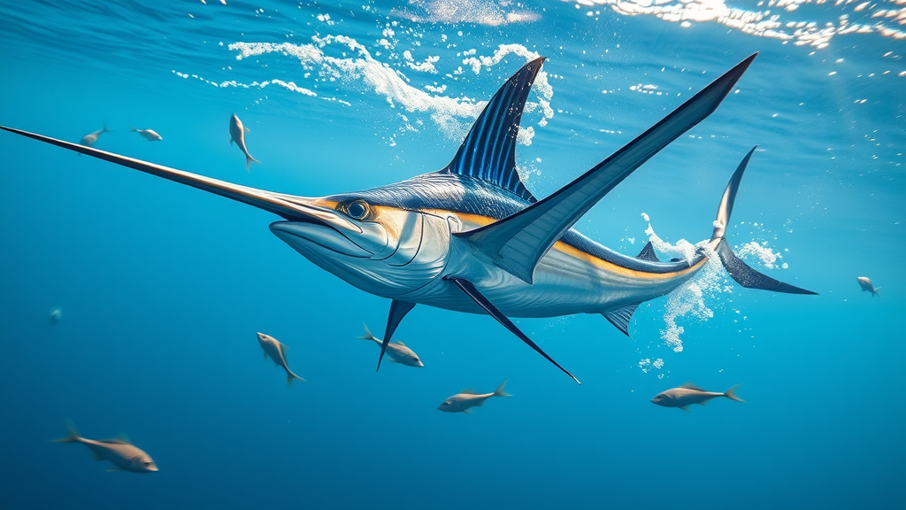 Majestic sailfish underwater in action for sailfish fishing, photorealistic, sun-dappled blue ocean with vibrant dorsal fin
