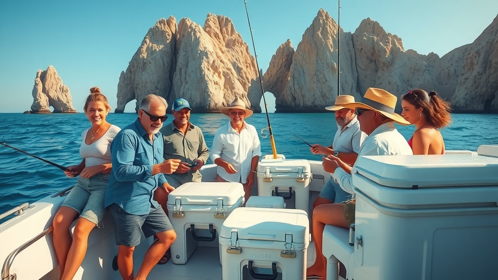Scenic fishing boat at Land’s End in Cabo for sailfish fishing, photorealistic with rock formations, excited anglers prepping gear