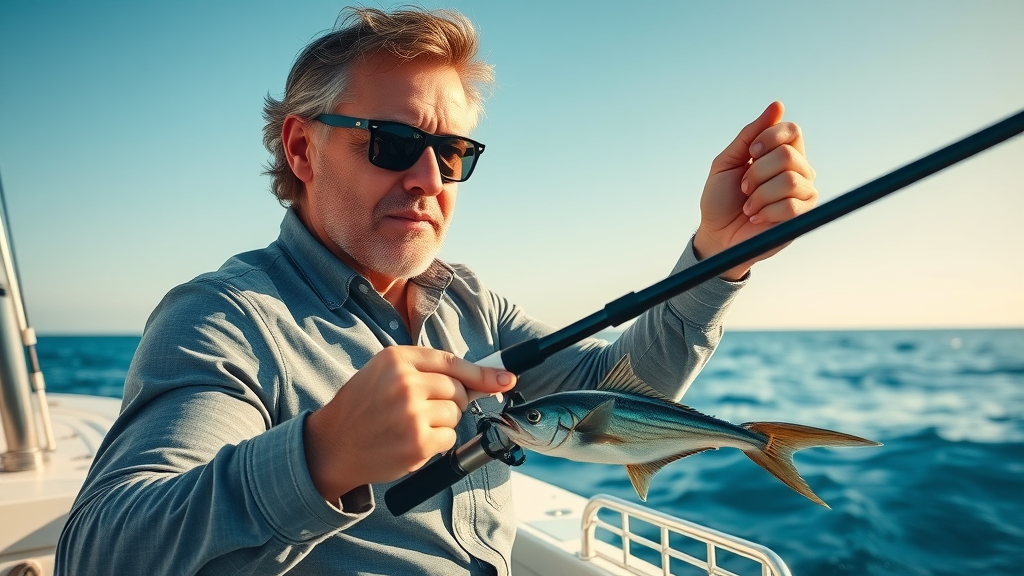 Experienced angler demonstrating trolling for sailfish fishing in Cabo, photorealistic sportfishing boat, ocean, detailed gear