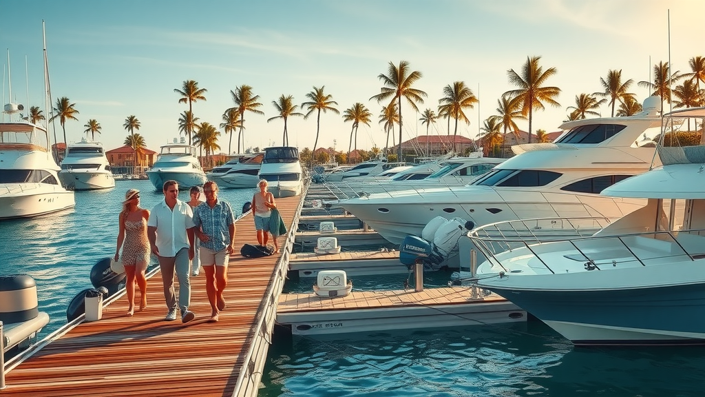 Sunny Cabo San Lucas marina with luxury sportfishing boats and people preparing, photorealistic, sparkling water, inviting vacation scene