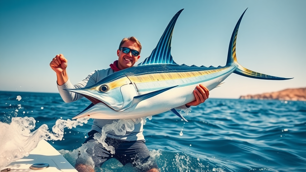Triumphant angler releasing a large sailfish in Cabo, photorealistic, ocean, vibrant sail, joy, clear midday sunlight