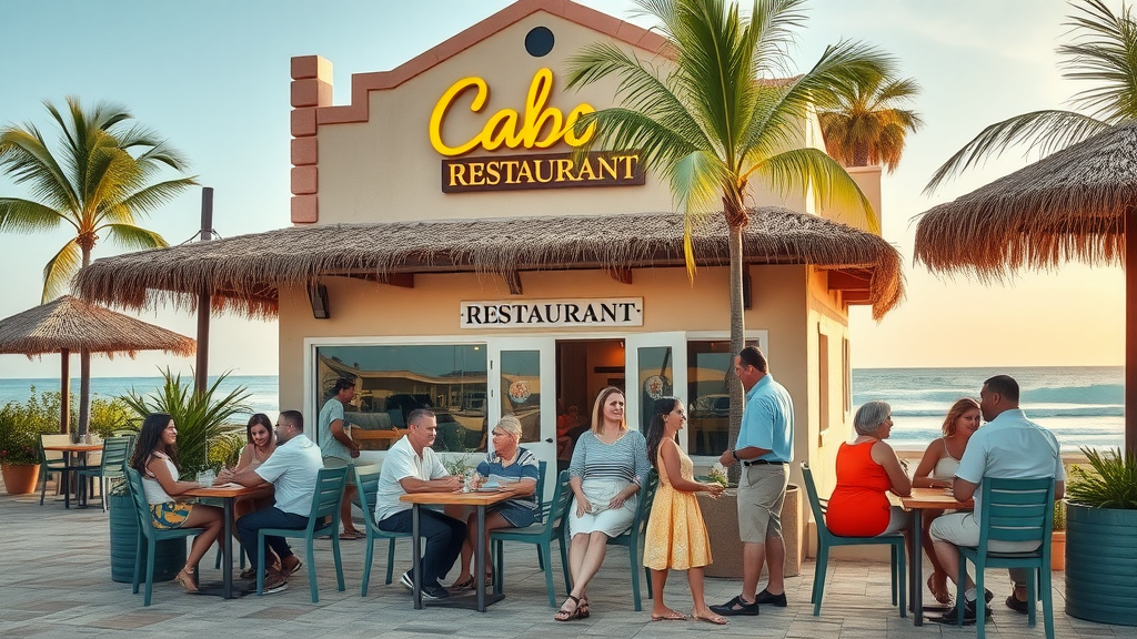 Family-friendly restaurants Cabo beachfront with families dining outdoors near palm trees