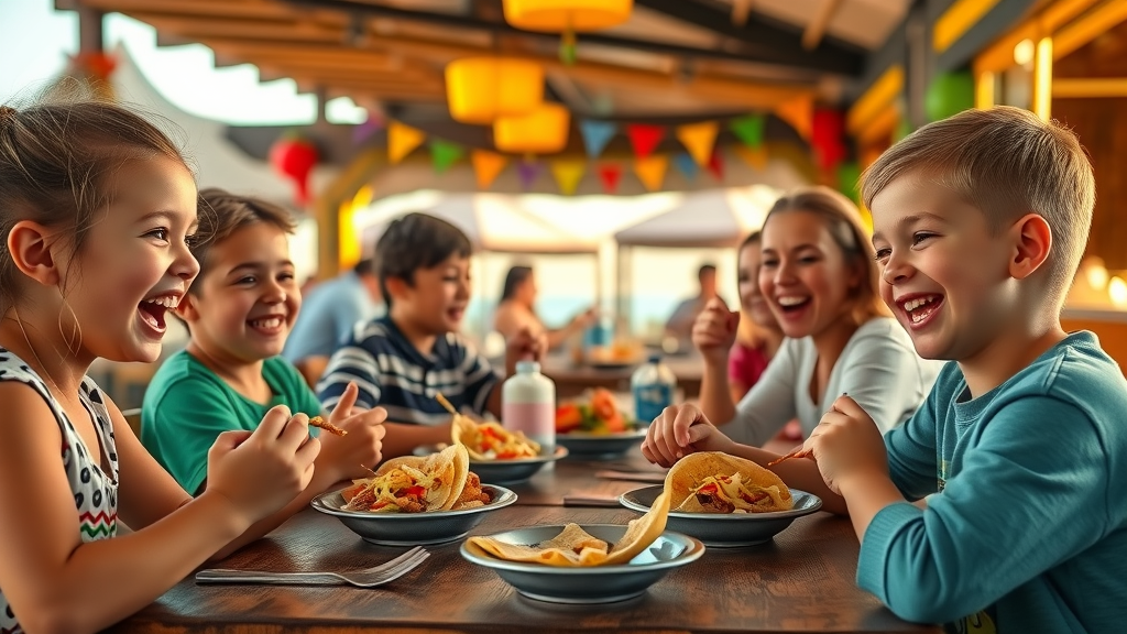 Family-friendly restaurants Cabo vibrant scene with kids eating tacos at beachside restaurant