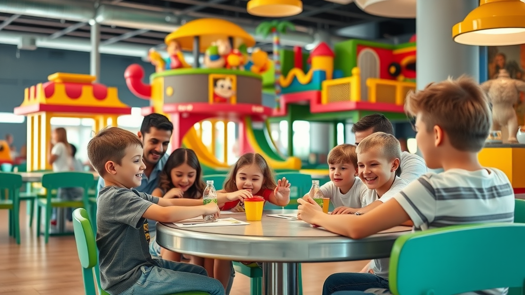 Family-friendly restaurants Cabo kid-friendly play area with children playing indoors by their dining table