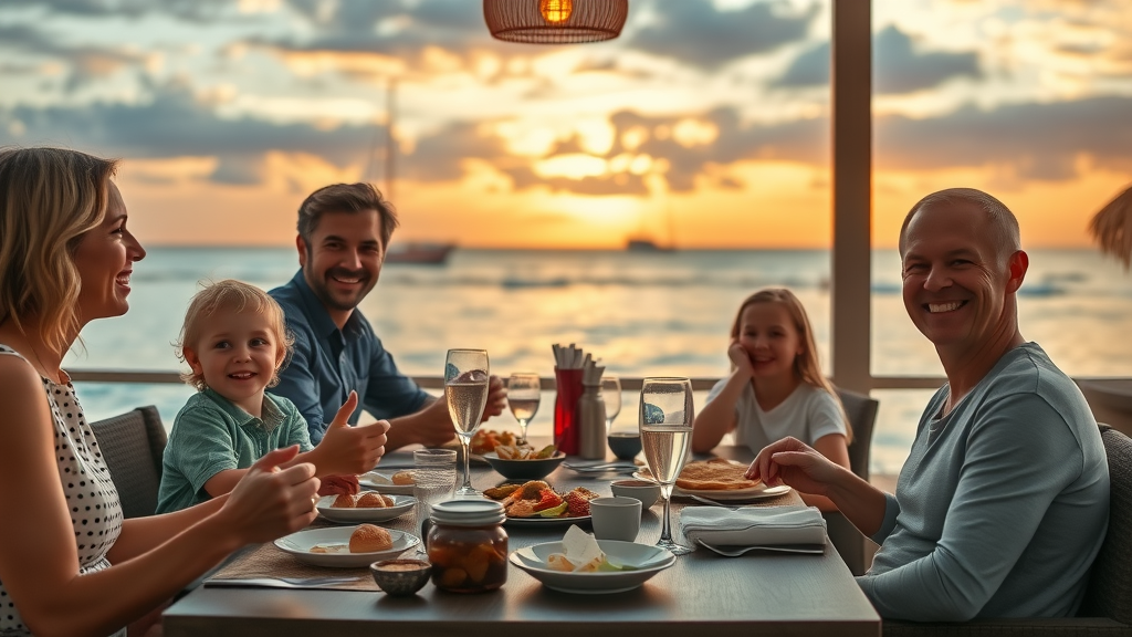 Family-friendly restaurants Cabo cozy family dining at sunset with smiles and oceanview background