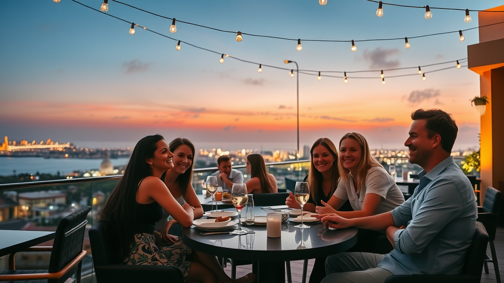 Rooftop restaurant with panoramic city and ocean backdrop in Los Cabos during twilight