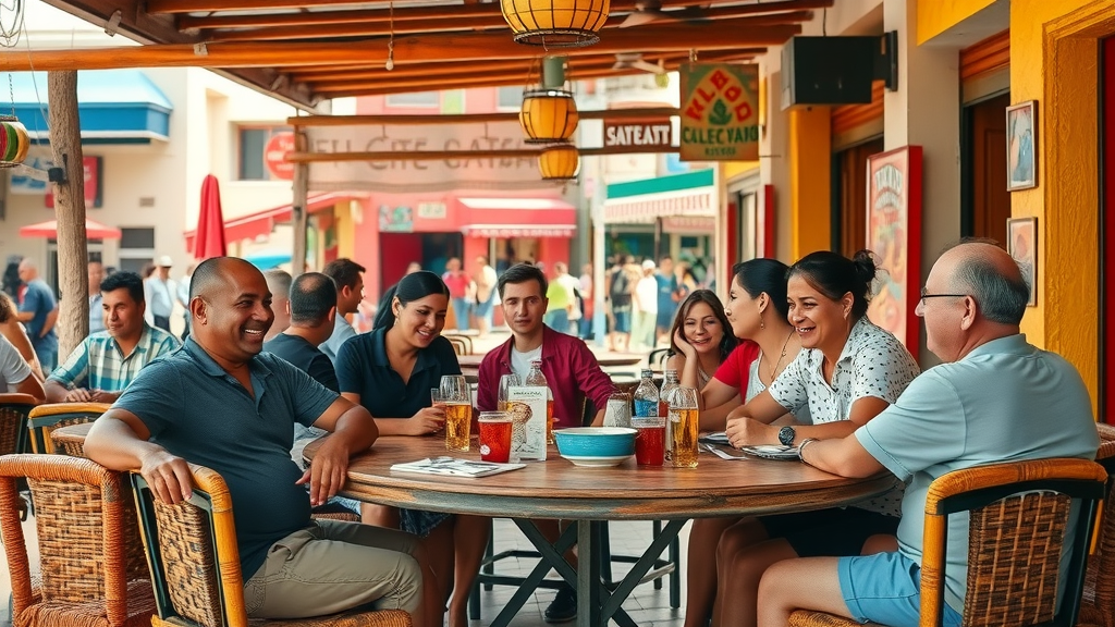 Casual local restaurant in Cabo San Lucas with vibrant Mexican decor and cheerful diners