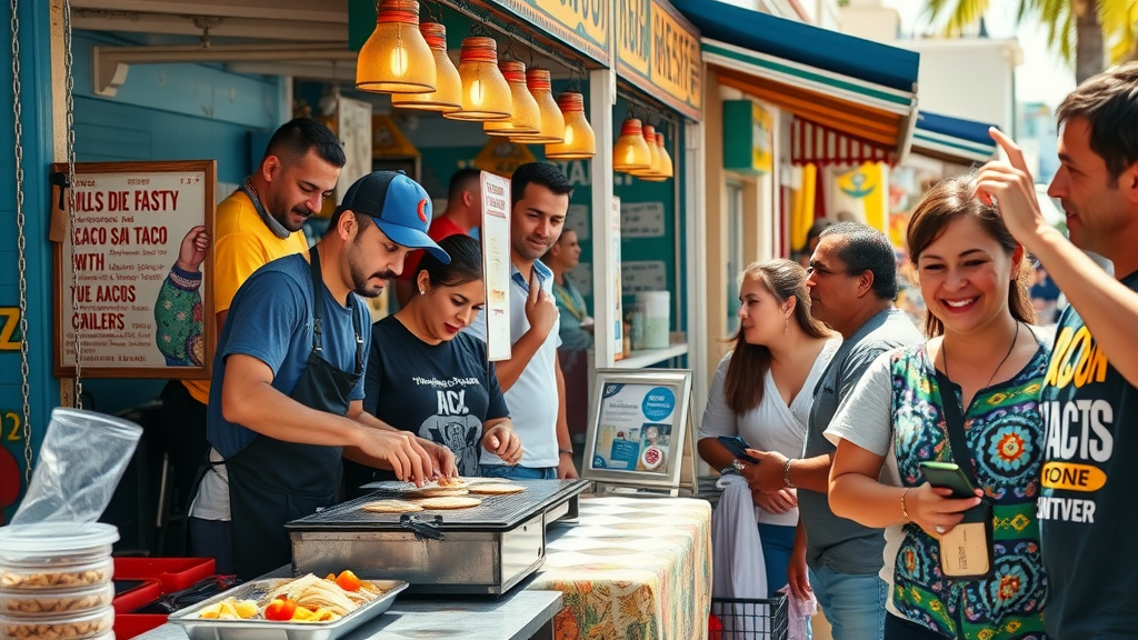 Bustling colorful taco stand in Cabo San Lucas with vendor preparing tacos and eager customers