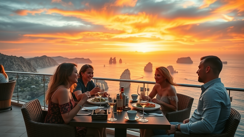 Warm sunset dining terrace in Los Cabos with ocean and cliffs view and families enjoying meals