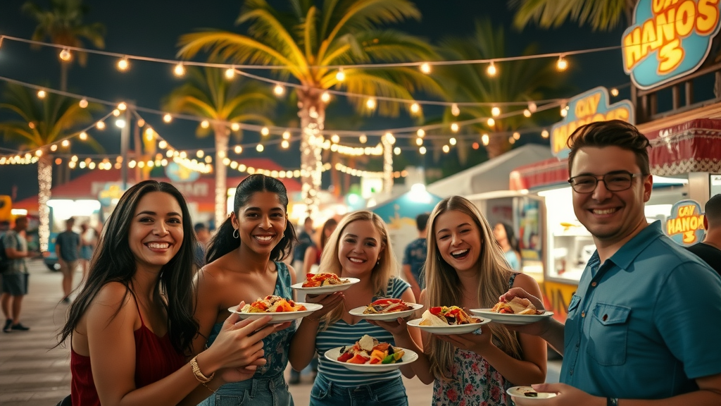 Late night food Cabo scene with friends enjoying tacos at illuminated food trucks in Cabo San Lucas