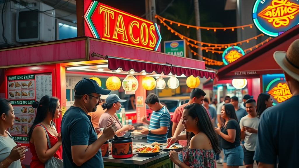 Bustling street food taco stand at night in Cabo San Lucas with neon lights and happy customers enjoying authentic Mexican cuisine