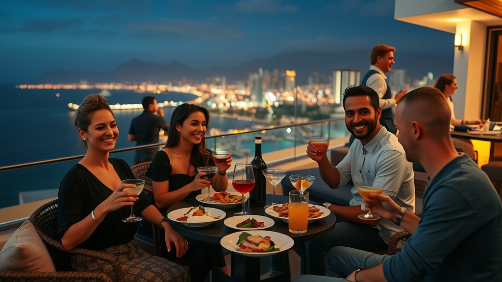 Stylish rooftop bar in Cabo San Lucas with joyful diners enjoying late night food Cabo and ocean views at night
