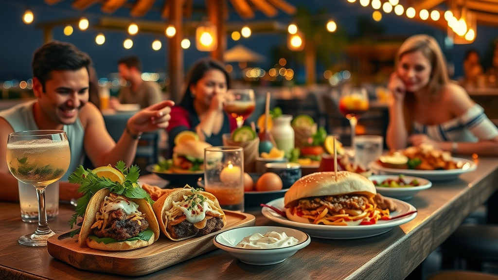 Colorful fusion of classic Mexican and modern cuisine at a night-lit restaurant table in Cabo San Lucas