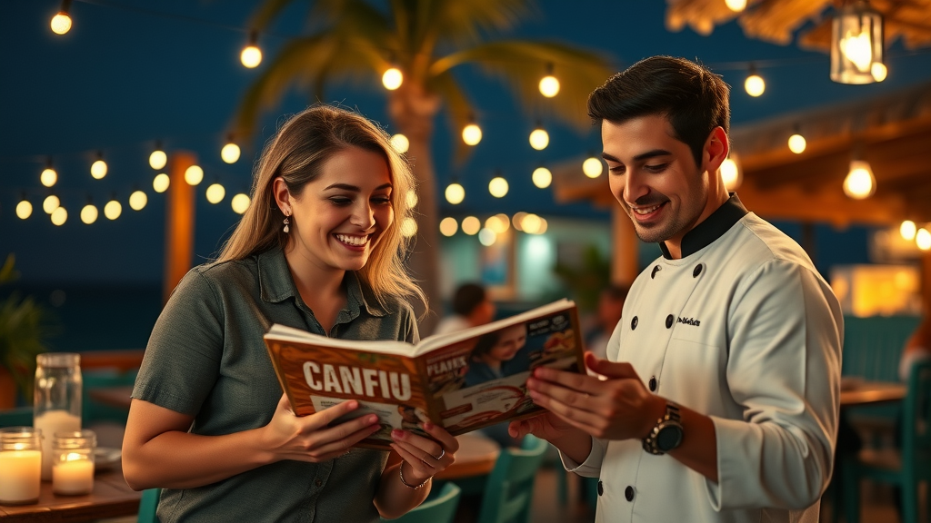 Young couple choosing late night food Cabo menu in open-air restaurant with chef recommendations