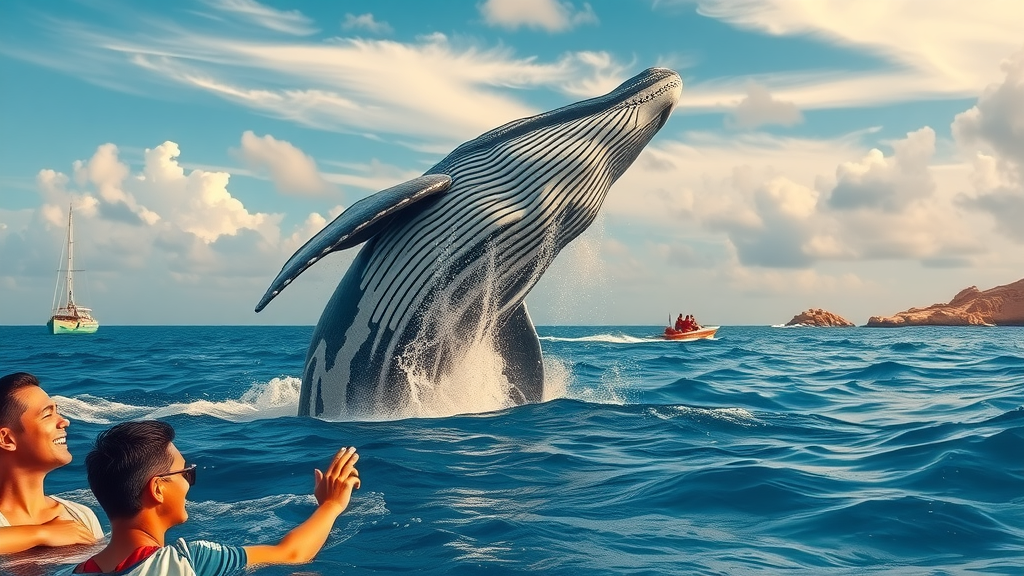 Majestic humpback whale breaching near a small boat in Los Cabos – travelers on a cabo excursions whale watching tour, faces amazed, blue waters and rocky coastline