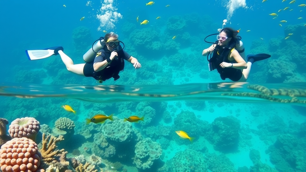 Cabo excursions scuba diving – two divers exploring vibrant reefs in Cabo San Lucas, surrounded by colorful fish, coral, and clear blue water