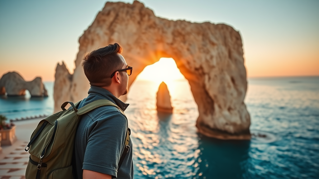 Breathtaking Cabo San Lucas arch at sunrise with budget-conscious traveler admiring view