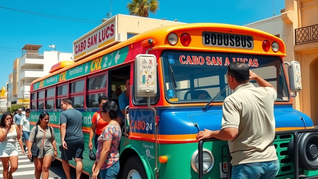 Colorful public bus in Cabo San Lucas street with locals and tourists boarding