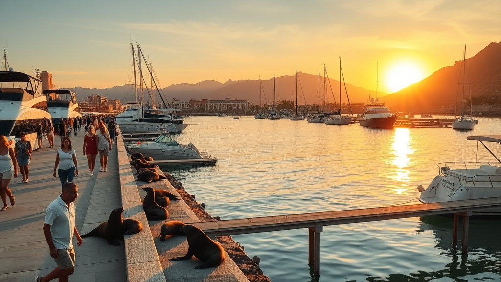 Golden Cabo marina at sunset with visitors strolling and sea lions lounging